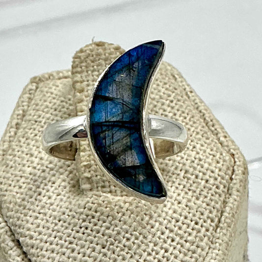 Labradorite Crescent Moon Sterling Silver Ring – Size 8