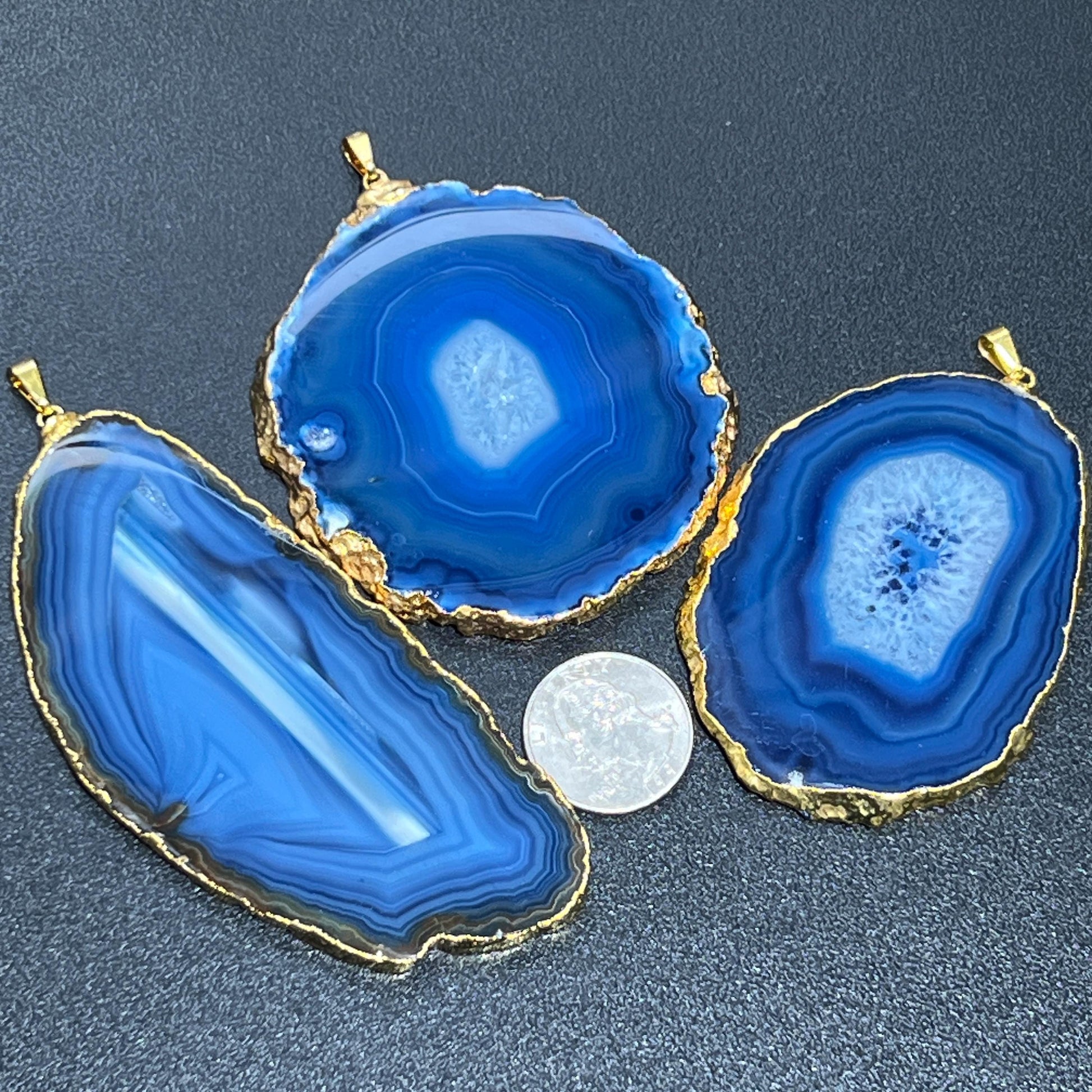 Large Blue Agate Slice Pendant (Gold Plated Edges) Wholesale