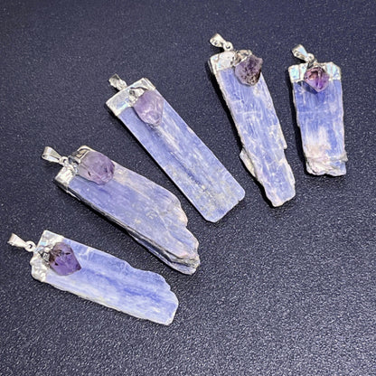 Kyanite Amethyst Crystal Point Pendant (Silver Plated) Gemstone Jewelry Necklace Supply