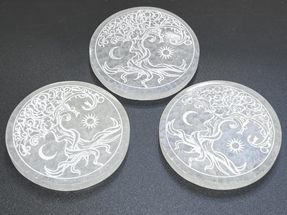 Selenite Crystal Tree Of Life Round Circle Plate (4 Inch) Gemstone Decor Supply