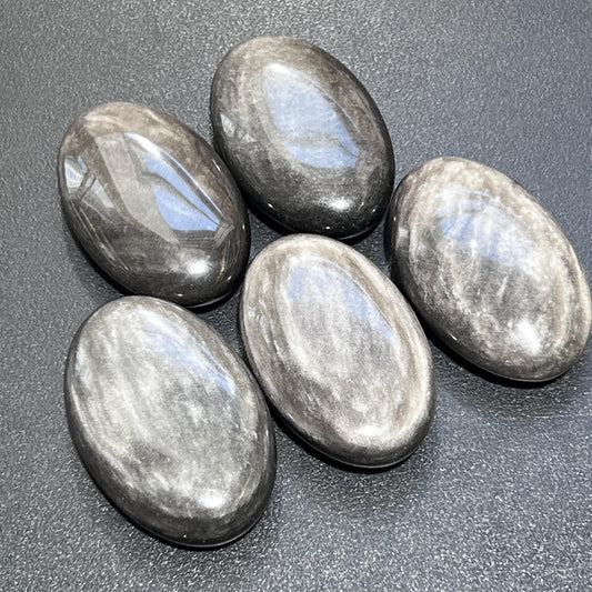 Silver Sheen Black Obsidian Palm Stone Gemstone Decor Carving Supply