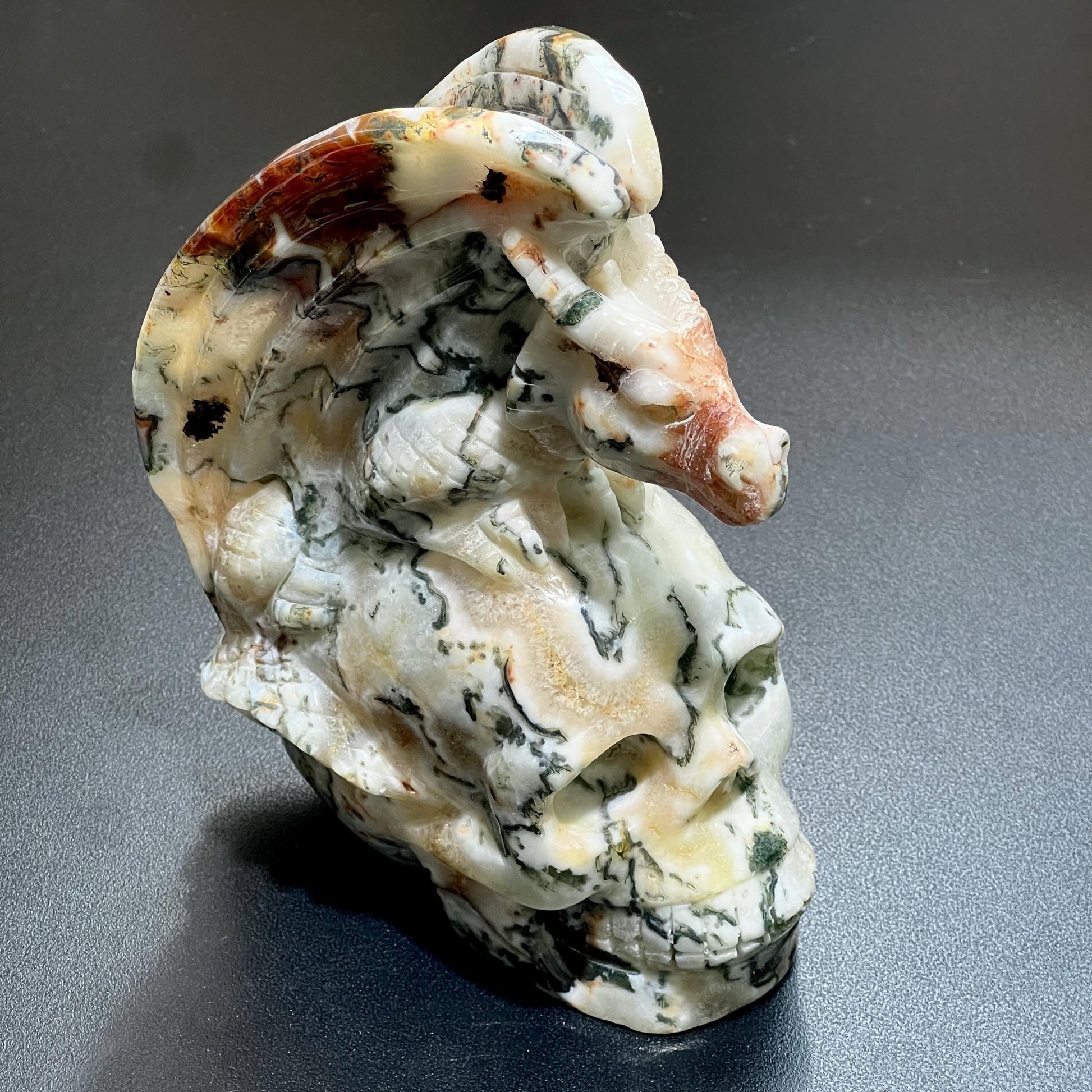 Large Skull and Dragon Carving Red Moss Agate Select Wholesale