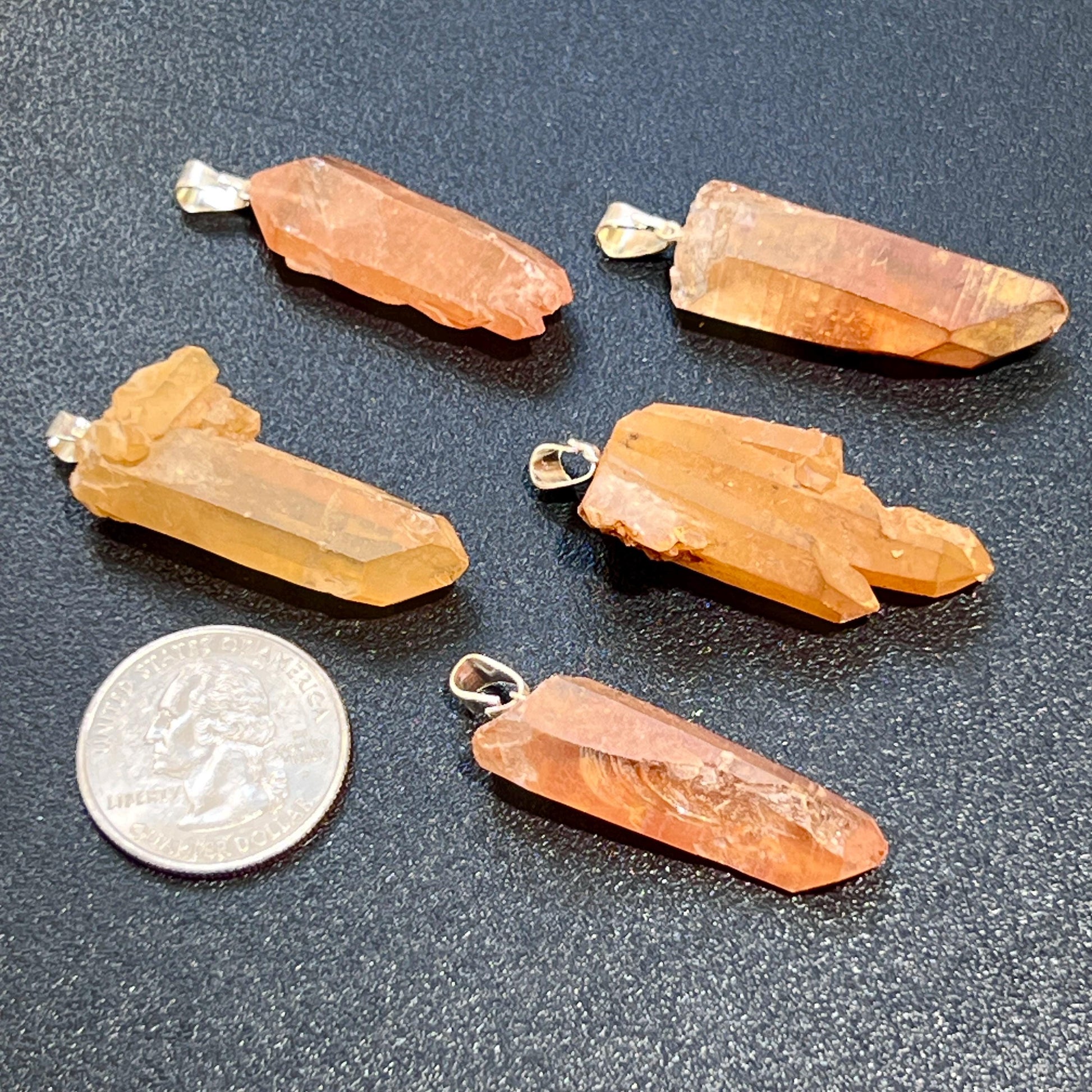 Tangerine Quartz Crystal Point Pendant (Silver Plated Bail) Gemstone Jewelry Necklace Supply