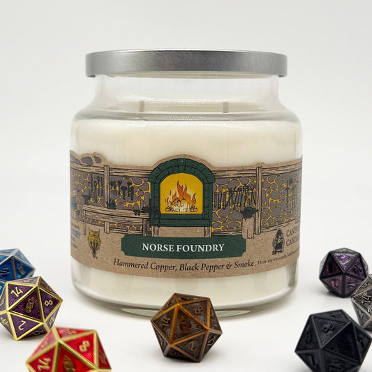 Cantrip Candles Norse Foundry – 16 Oz Soy Candle with Copper, Black Pepper, Smoke & Hidden D20