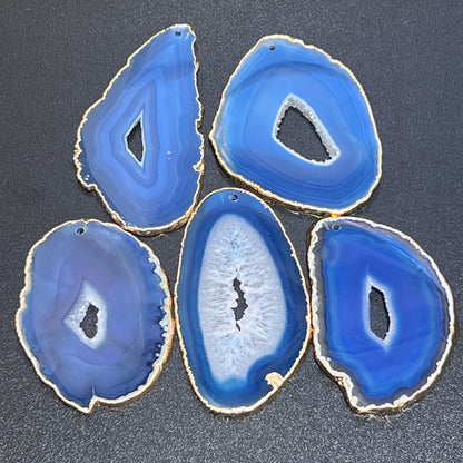 Drilled Hole Blue Agate Slices (2mm Hole)(Gold Plated Edges) Gemstone Decor Craft Supplies
