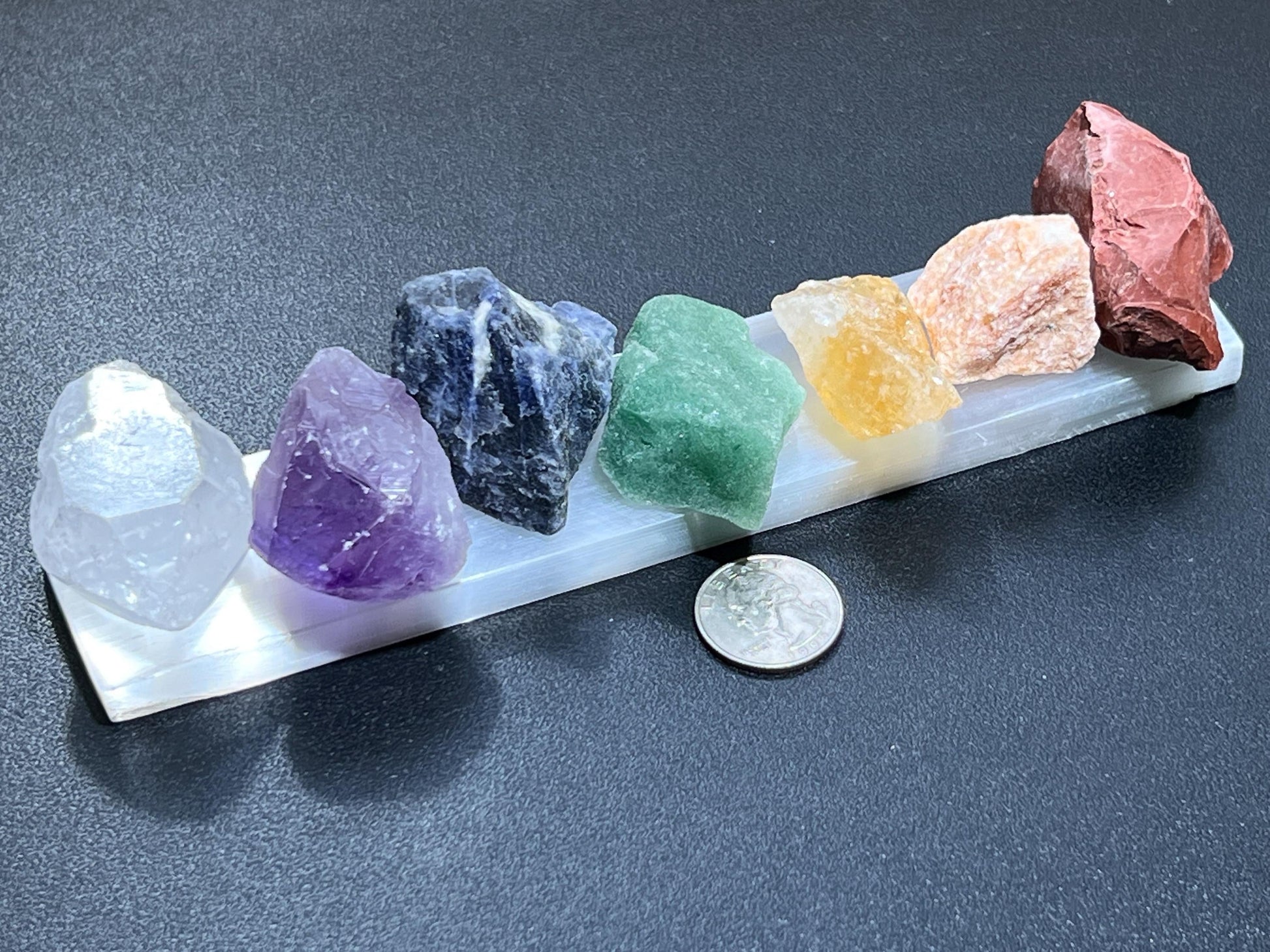Chakra Crystal Set 7 Stone Rough Raw With Selenite Bar Reiki
