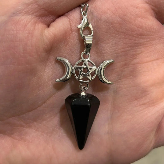 Triple Moon Obsidian Gemstone Pendulum for Protection and Divination