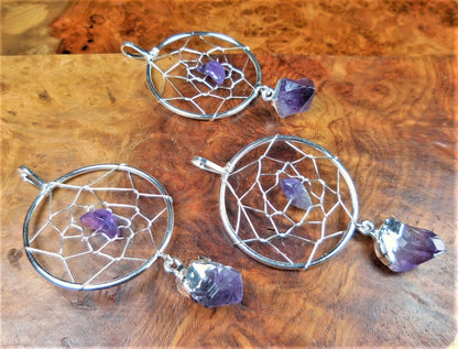 Dreamcatcher Pendant (Amethyst Crystal)(Silver Plated) Gemstone Jewelry