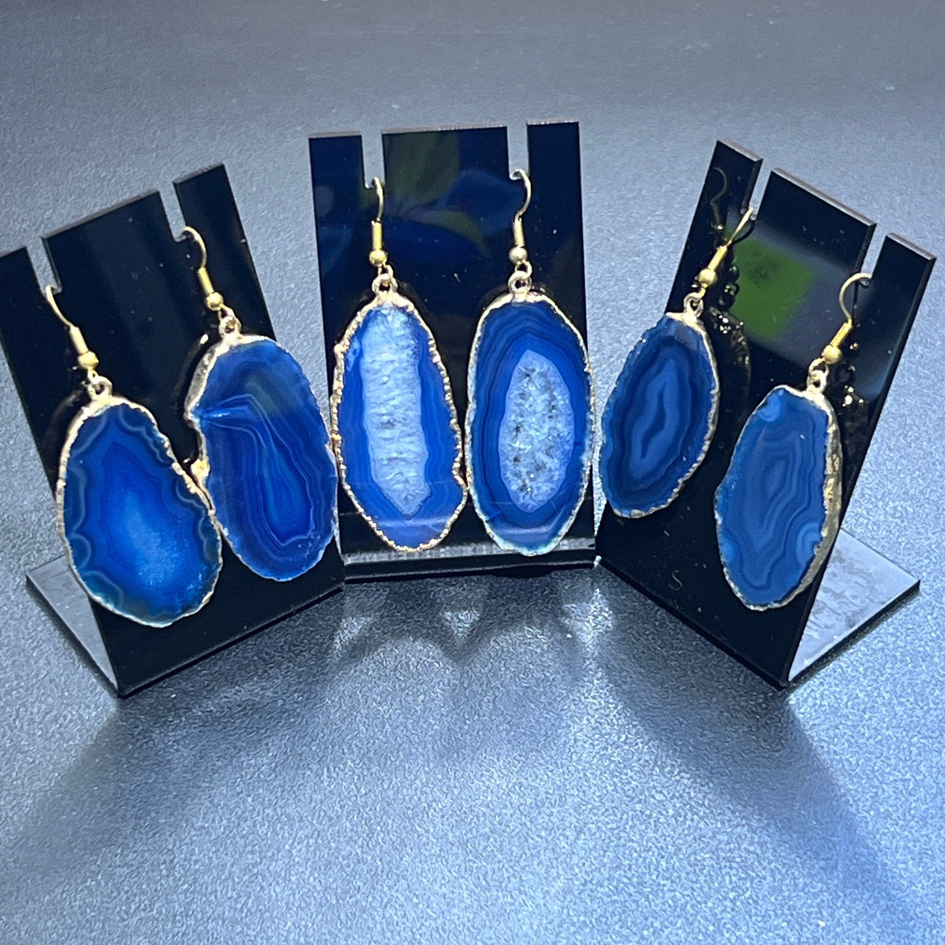Blue Agate Slice Earrings Pair (Gold Plated Edges)(Stainless Hooks) Geode Slice Jewelry