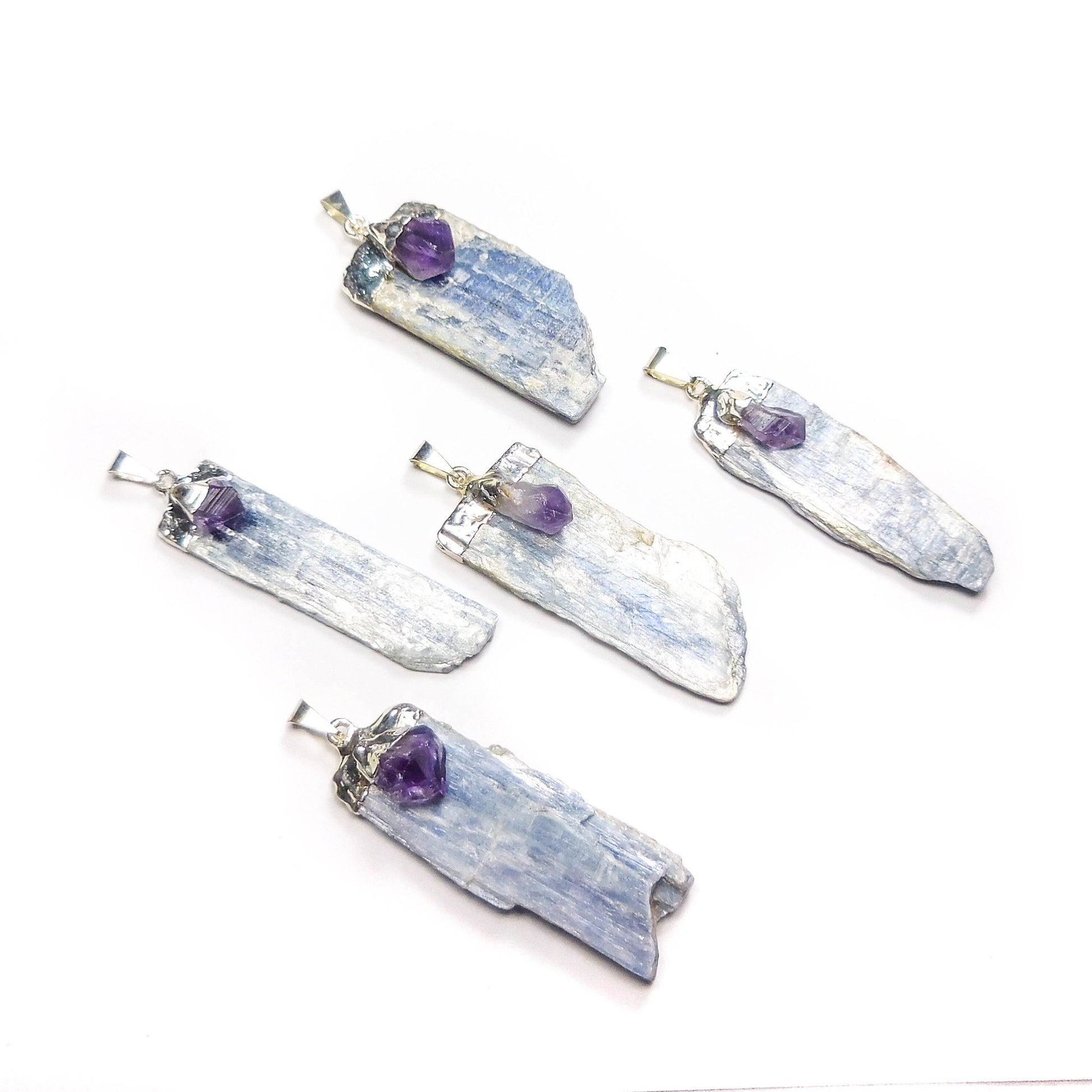 Kyanite Amethyst Crystal Point Pendant (Silver Plated) Gemstone Jewelry Necklace Supply