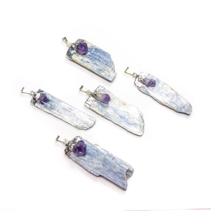 Kyanite Amethyst Crystal Point Pendant (Silver Plated) Gemstone Jewelry Necklace Supply
