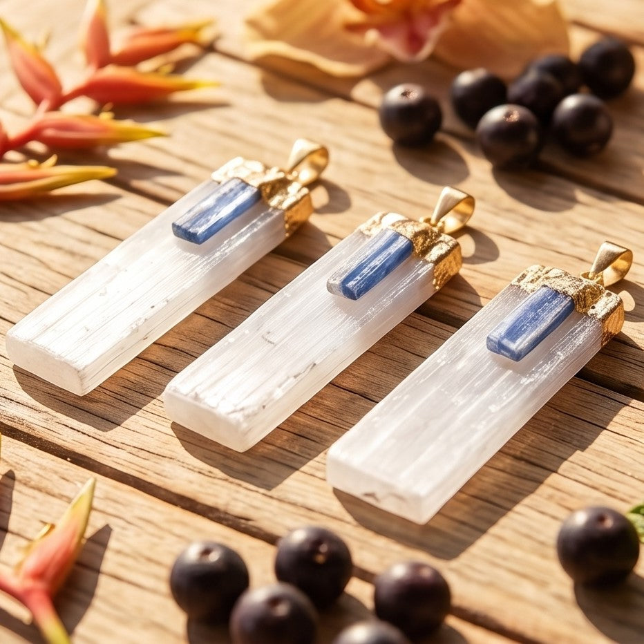 Selenite Kyanite Crystal Pendant (Gold Plated) Gemstone Necklace Jewelry Charm Supply