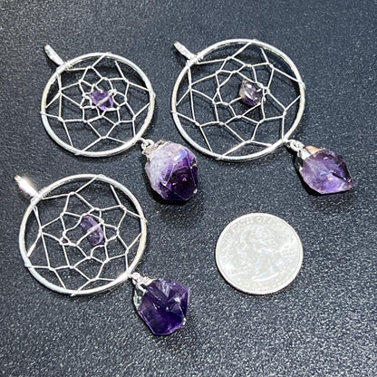 Dreamcatcher Pendant (Amethyst Crystal)(Silver Plated) Gemstone Jewelry