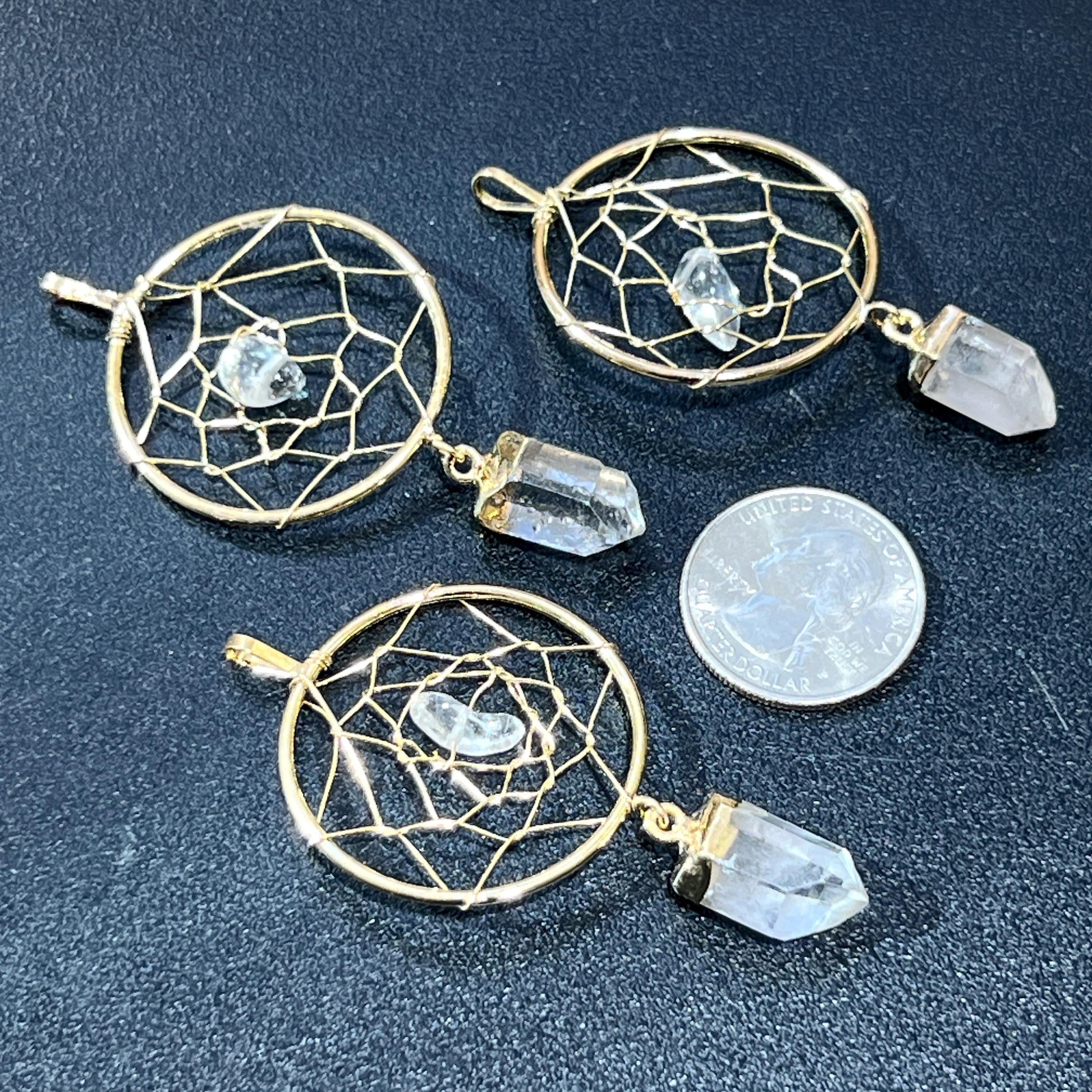 Dreamcatcher Pendant (Quartz Crystal Point)(Gold Plated) Gemstone Jewelry Necklace Supply