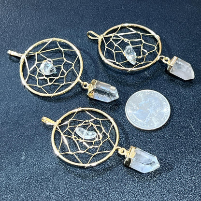 Dreamcatcher Pendant (Quartz Crystal Point)(Gold Plated) Gemstone Jewelry Necklace Supply