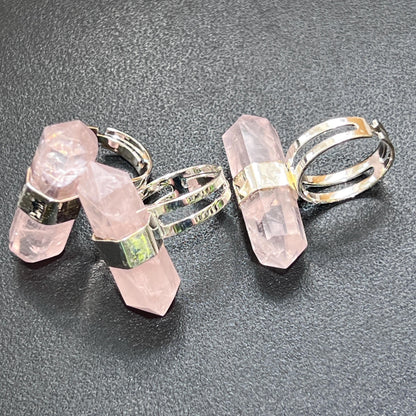 Pink Rose Quartz Crystal Point Adjustable Ring (Silver Plated) Costume Jewelry Supply
