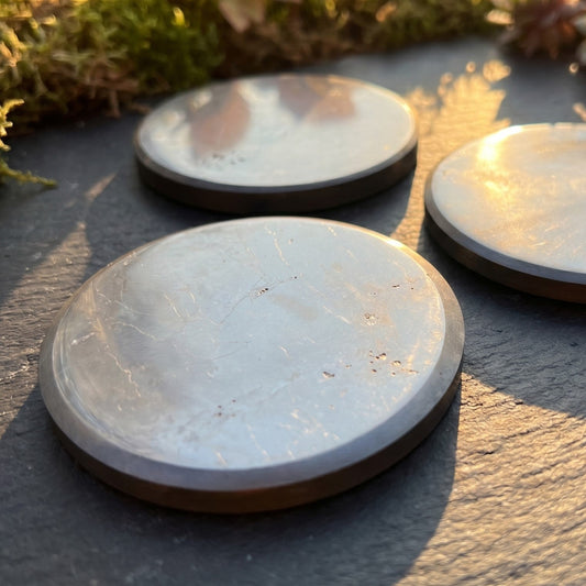 Black Shungite Polished Coaster (3.5 Inch) Circle Plate Polished Carving Russian Mineralized Carbon