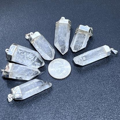 Quartz Crystal Point Pendant (Silver Plated) Gemstone Jewelry Necklace Supply