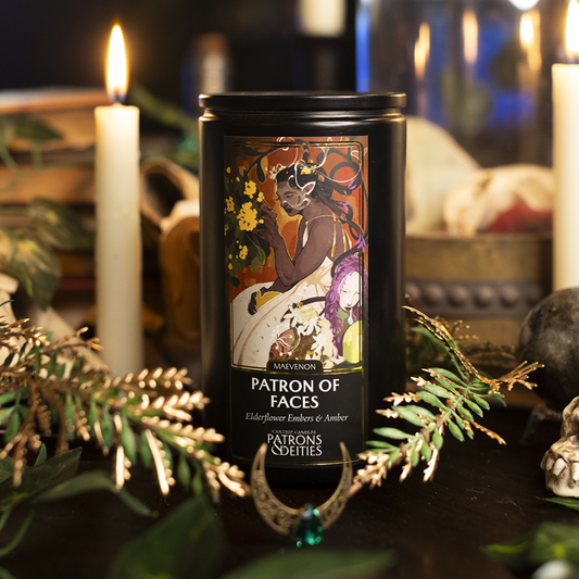 Cantrip Candles Maevenon, Patron of Faces – 16 Oz Candle with Elderflower Embers & Amber