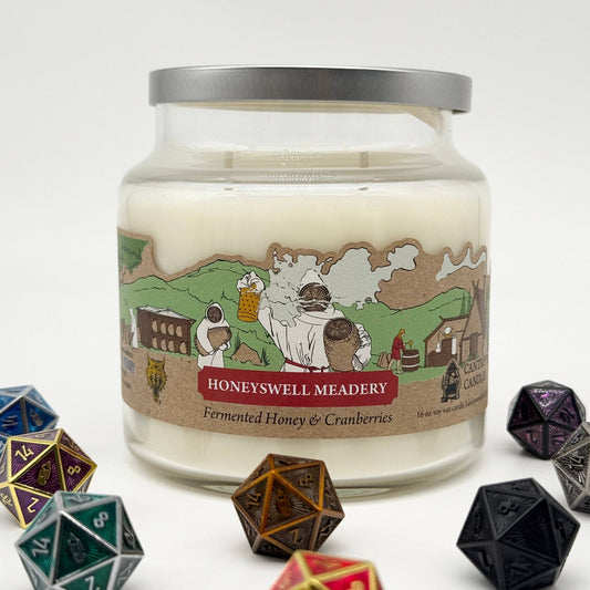 Cantrip Candles Honeyswell Meadery – 16 Oz Soy Candle with Honey, Cranberry & Hidden D20