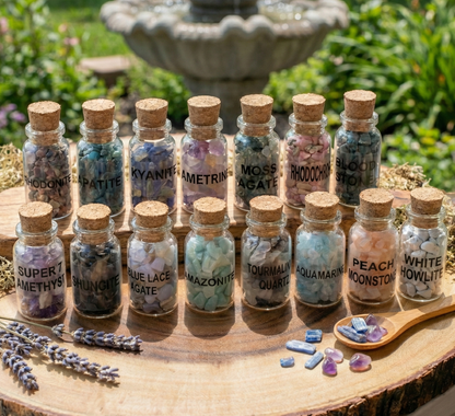 Crystal Gemstone Chips Labeled Bottle Collection (Set Of 15) Assorted Box Flat Gift Set Tumbled Mix