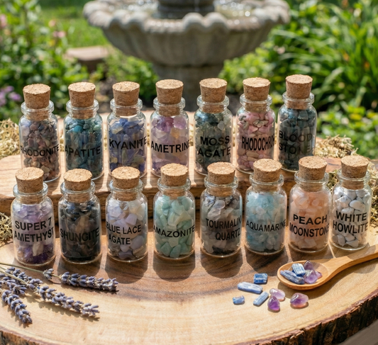 Crystal Gemstone Chips Labeled Bottle Collection (Set Of 15) Assorted Box Flat Gift Set Tumbled Mix