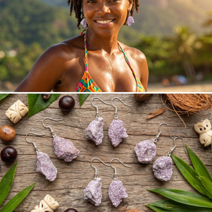 Lilac Lepidolite Raw Crystal Earrings Pair (Stainless Steel Silver Hooks) Rough Gemstone Jewelry