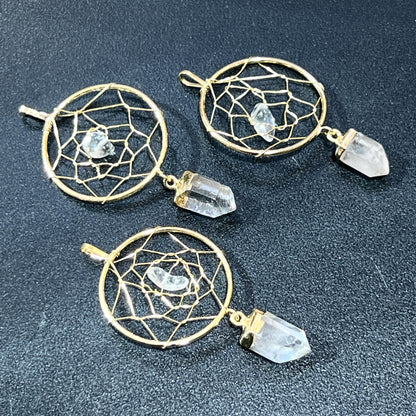 Dreamcatcher Pendant (Quartz Crystal Point)(Gold Plated) Gemstone Jewelry Necklace Supply