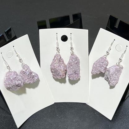 Lilac Lepidolite Raw Crystal Earrings Pair (Stainless Steel Silver Hooks) Rough Gemstone Jewelry