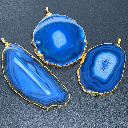 Large Blue Agate Slice Pendant (Gold Plated Edges) Wholesale