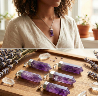 Amethyst Crystal Point Pendant (Silver Plated) Faceted Gemstone Jewelry Necklace Supply