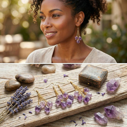 Long Dangle Amethyst Triple Crystal Point Earrings Pair (Gold Plated) Wholesale