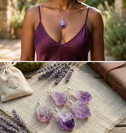 Amethyst Crystal Point Pendant (Silver Plated Wire Wrapped) Raw Gemstone Jewelry Necklace