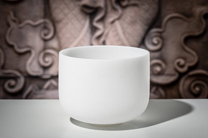 10" White-Frosted Crystal Singing Bowl, Note G4, Throat Chakra