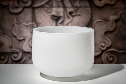 13" White-Frosted Crystal Singing Bowl, Note D4, Sacral Chakra