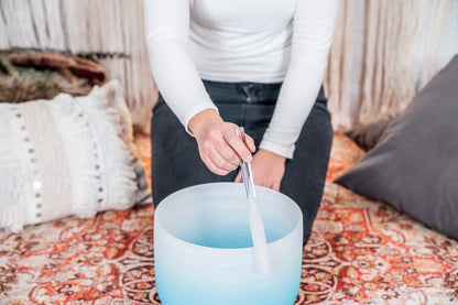10" Color-Frosted Crystal Singing Bowl, Light Blue, Note G4, Throat Chakra