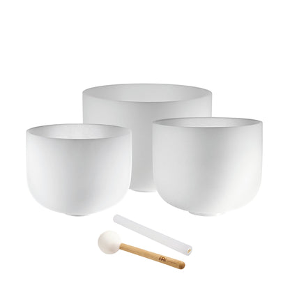 3-Piece White-Frosted Crystal Singing Bowl Set, A4/F4/D4, 432 Hz