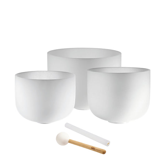 3-Piece White-Frosted Crystal Singing Bowl Set, A4/F4/D4, 432 Hz