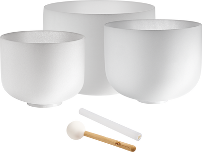 3-Piece White-Frosted Crystal Singing Bowl Set, G4/E4/C4, 432 Hz