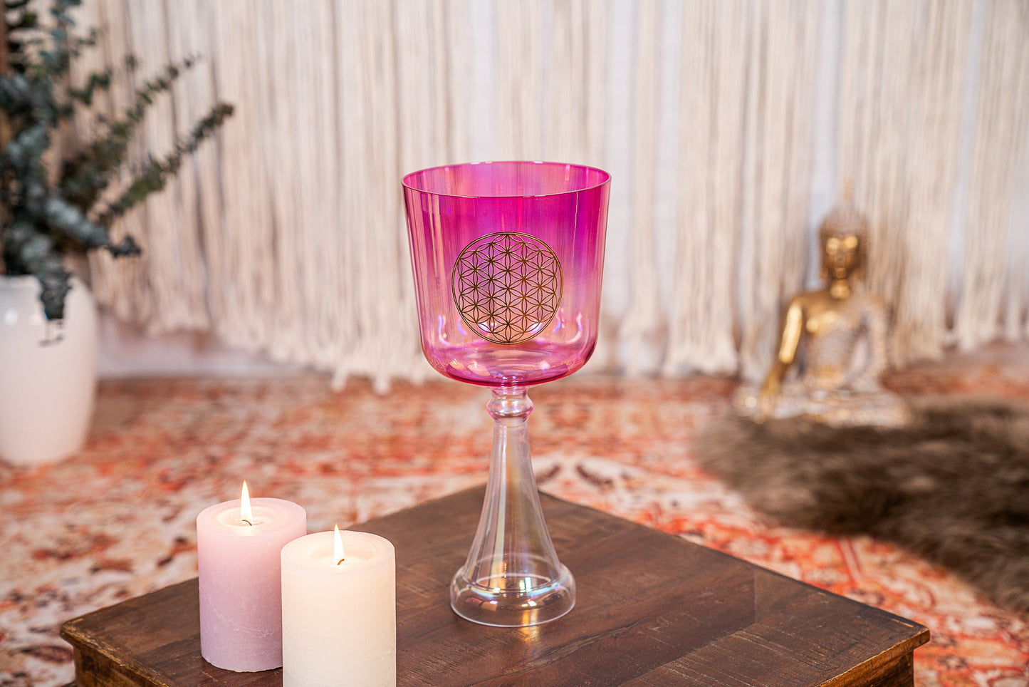 6" Crystal Singing Chalice, F4, Pink, Heart Chakra, Flower of Life