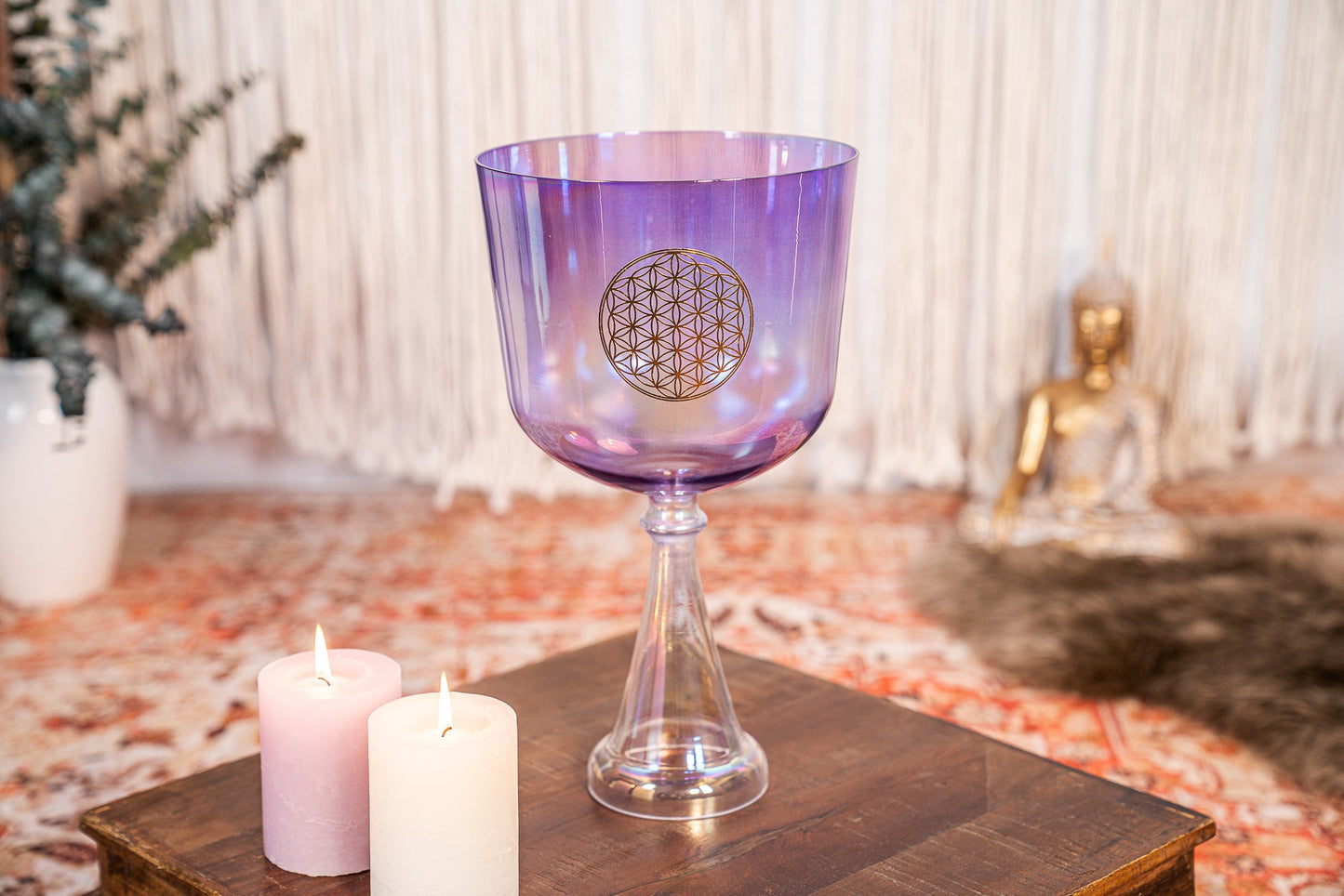 8" Crystal Singing Chalice, F3, Purple, Heart Chakra, Flower of Life