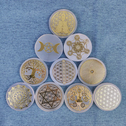 Selenite Crystal Spiritual Gold Symbol Plates For Healing