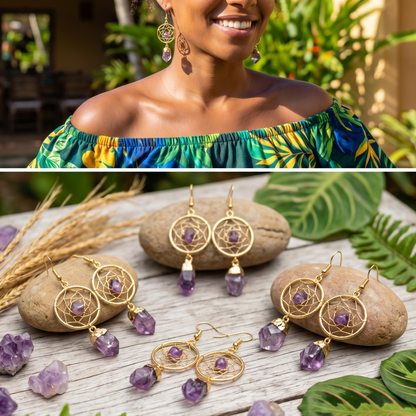 DreamCatcher Earrings Pair (Amethyst Crystal)(Gold Plated)(Stainless Steel Hooks) Gemstone Jewelry Supply