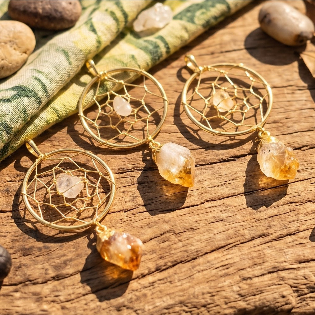 Dreamcatcher Pendant (Citrine Crystal Point)(Gold Plated) Gemstone Jewelry Necklace Supply