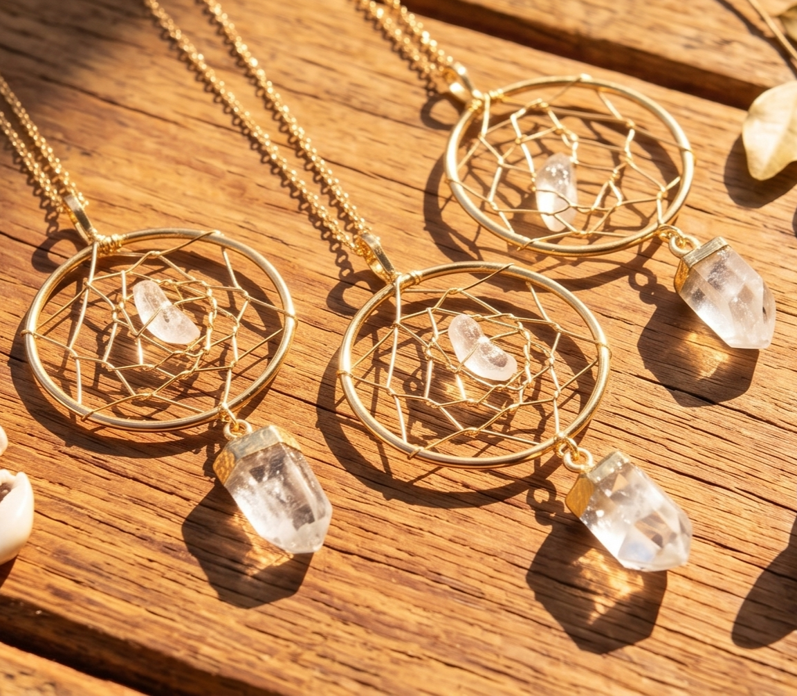 Dreamcatcher Pendant (Quartz Crystal Point)(Gold Plated) Gemstone Jewelry Necklace Supply