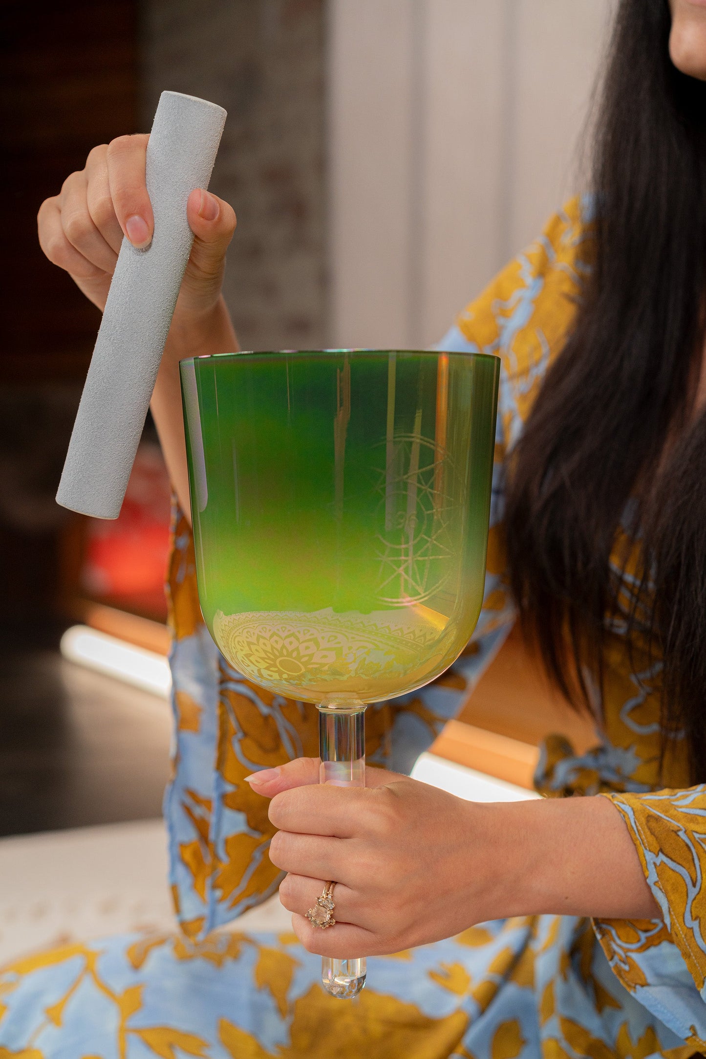 5.75" Essence Solfeggio Crystal Singing Bowl, UT 396 Hz, Olive Green