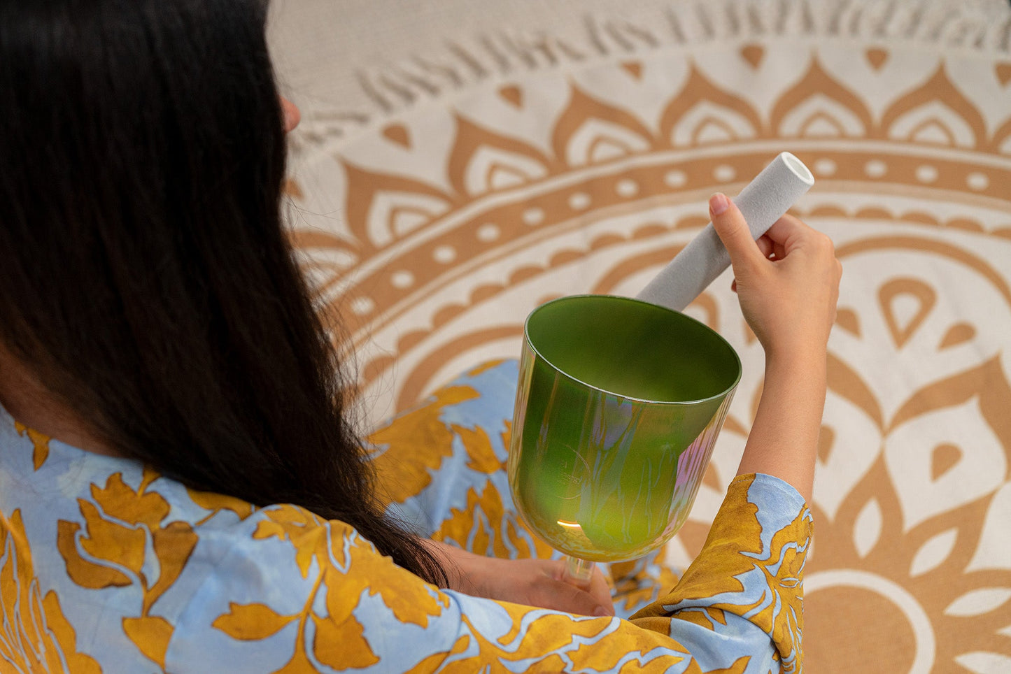 5.75" Essence Solfeggio Crystal Singing Bowl, UT 396 Hz, Olive Green