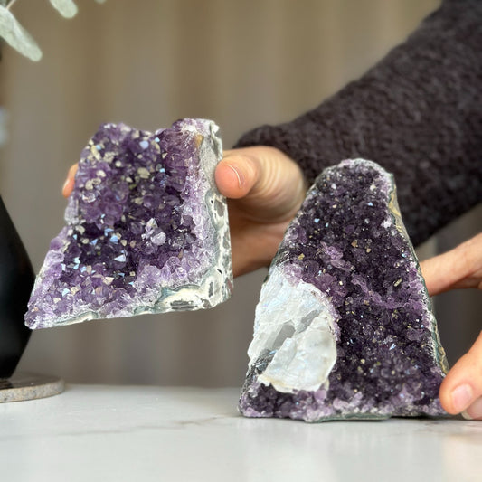 2-Piece Uruguayan Deep Purple Amethyst & Calcite Geode Set – 3.9 lb
