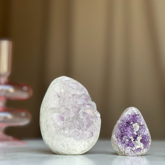 2-Piece Uruguayan Clear Quartz & Amethyst Egg Set – 1.8 lb, 3.5 Inches