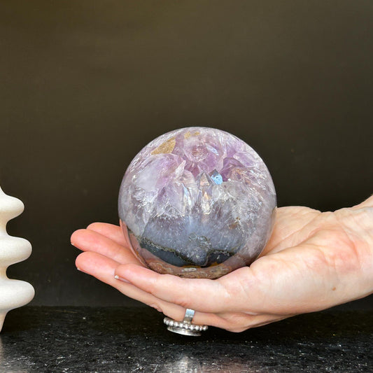 Uruguayan Amethyst Sphere with Agate & Carob Wood Base – 2 lb, 3.5 Inches